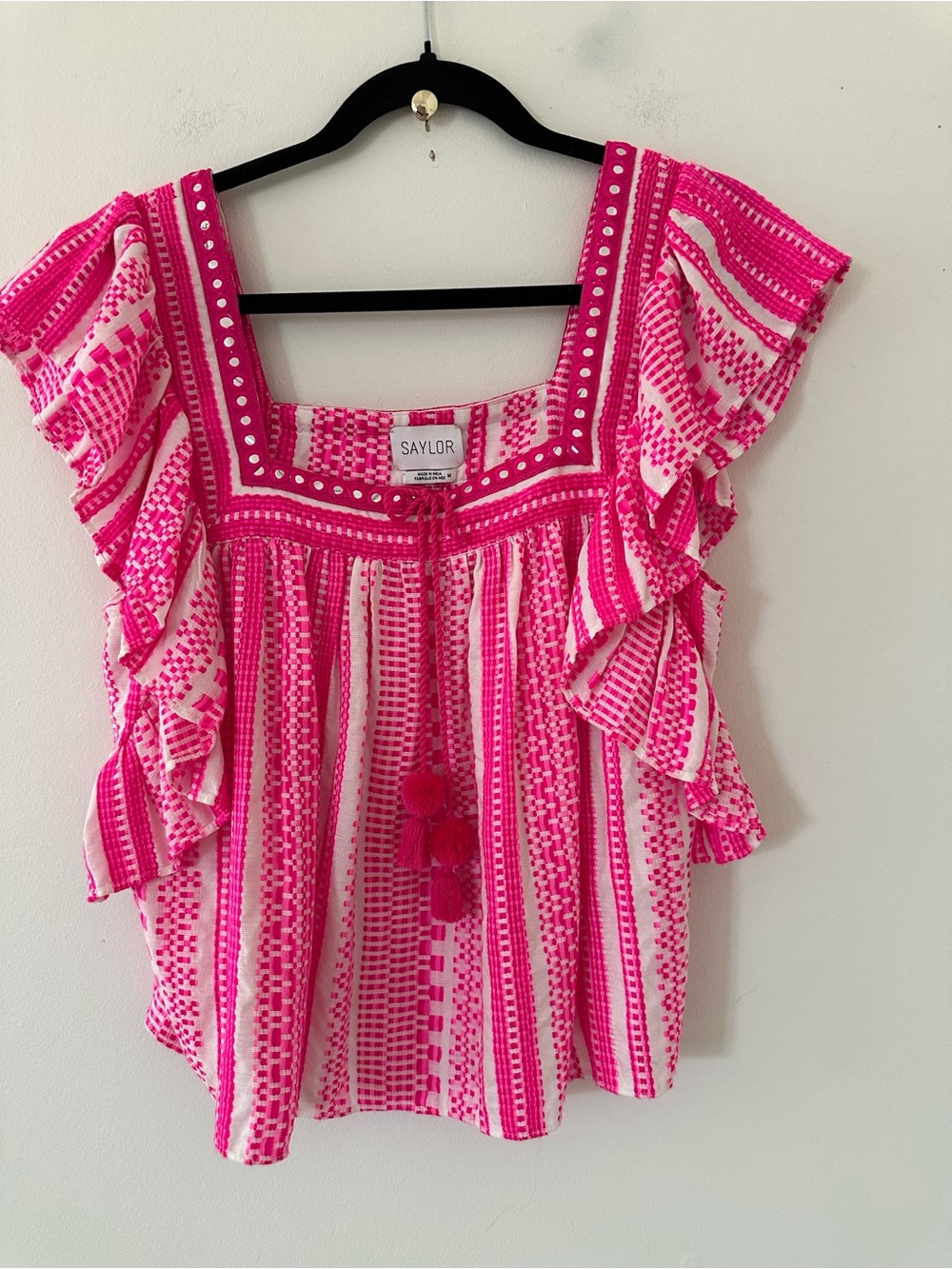 SAYLOR Hot Pink and White Embroidered Ruffle Sleeve tassel Pom Blouse - Picture 2 of 7